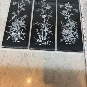 Vintage Mother of Pearl in black lacquer Floral Wall Panels. Ea 15.75in x 5.75in